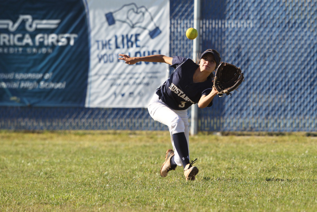 Shadow Ridge left fielder Marisa Miano catches a shallow fly to close out the inning and neu ...