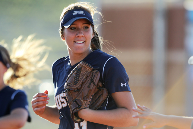 Shadow Ridge pitcher Shelbi Denman heads to the dugout during their softball game against Ce ...