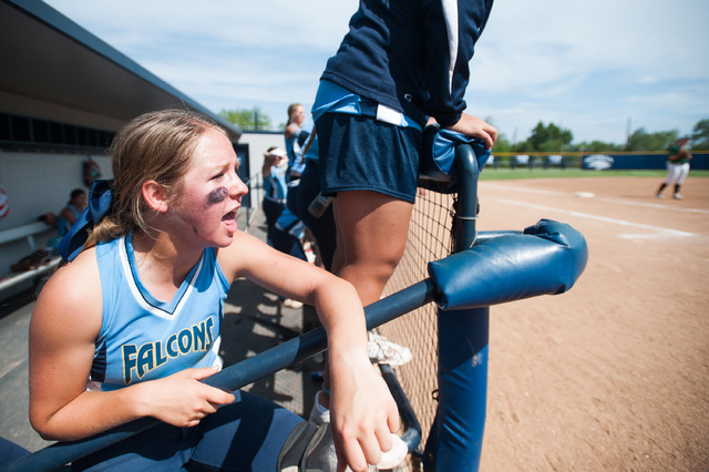 Foothill catcher Hannah Stevens cheers from the dugout while playing against Palo Verde in t ...