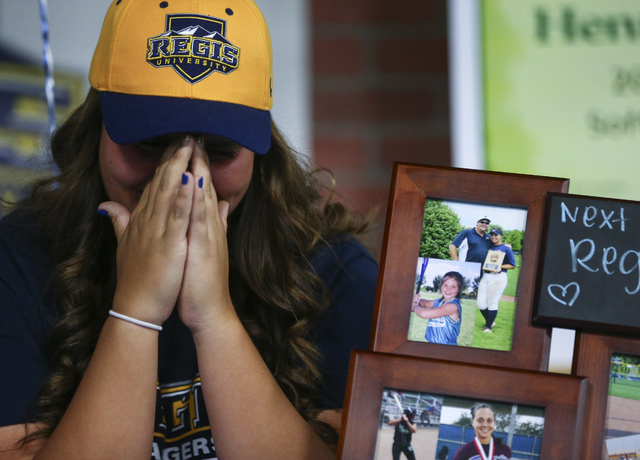 Centennial softball player Brianna Benoit reacts as Las Vegas area high school softball play ...