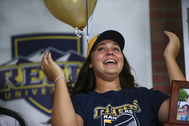 Centennial softball player Brianna Benoit reacts as Las Vegas area high school softball play ...