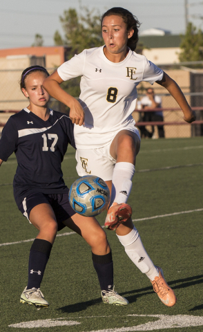 Faith Lutheran’s Madison Sonerholm (8) dribbles past Centennial’s Katelyn Levoye ...