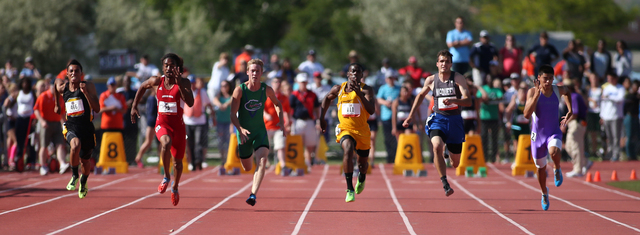 Bonanza’s Jayveon Taylor, fourth from right, won the Division I boys 100-meter dash in ...