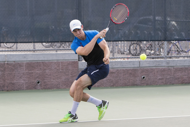 Martin Rizov from Coronado High School hits a shot during a tennis match at Liberty High Sch ...