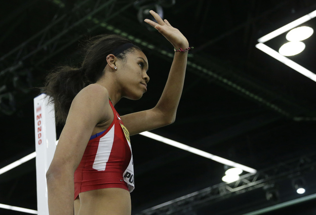 United States’ Vashti Cunningham waves to the crowd after an attempt in the women&#821 ...