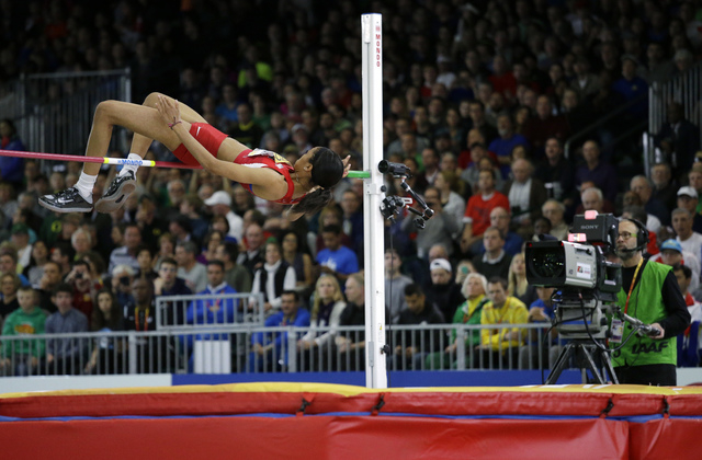 United States’ Vashti Cunningham clears the bar during the women’s high jump fin ...