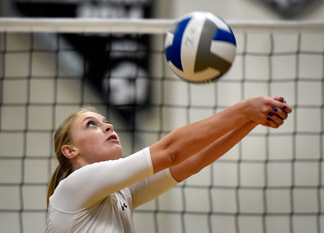 Faith Lutheran’s Lauren Bell hits the ball against Palo Verde during a high school vol ...