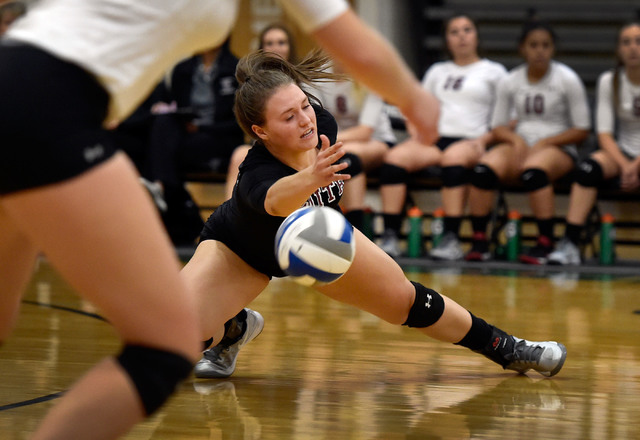 Faith Lutheran’s Logan Van Reken dives for the ball against Palo Verde during a high s ...