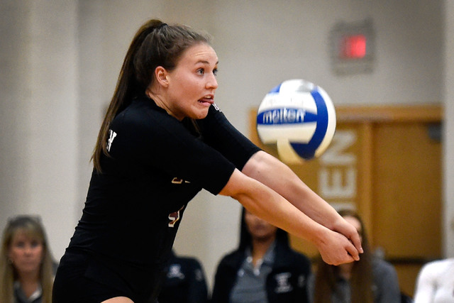 Faith Lutheran’s Logan Van Reken hits the ball against Palo Verde during a high school ...