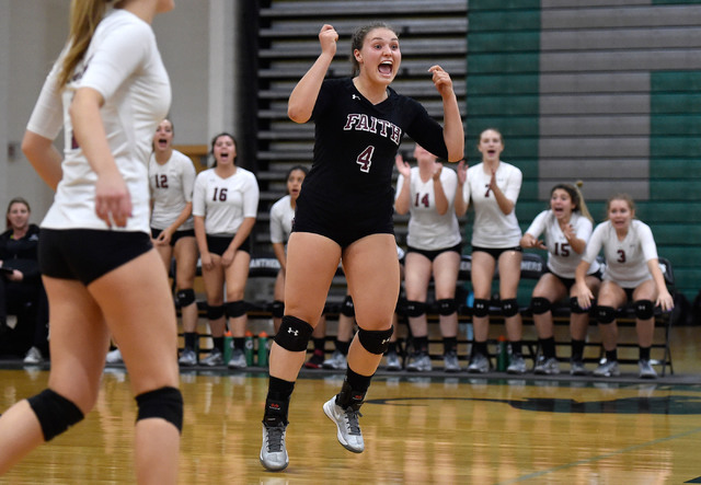 Faith Lutheran’s Logan Van Reken (4) cheers after a point agains Palo Verde during a h ...