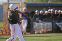 Bishop Gorman senior Brandon Wulff hits the ball during a game against Shadow Ridge at Shado ...