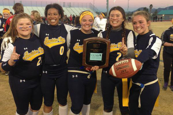 Boulder City players pose after winning the Clark County School District flag football champ ...