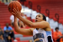 Centennial’s Karina Brandon shoots the ball against Bishop Gorman during the Sunset Re ...