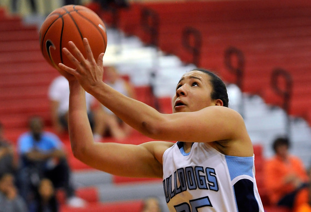 Centennial’s Karina Brandon shoots the ball against Bishop Gorman during the Sunset Re ...