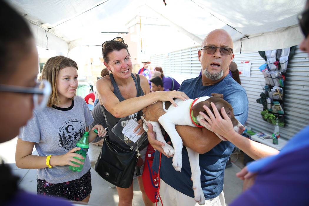 Jeff Oakie, right, with his daughter Dada, 12, far left, and wife Nicola, center, holds a dog h ...