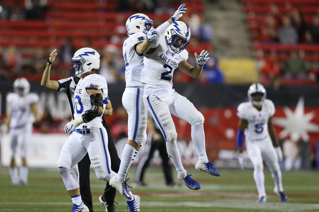 Air Force Falcons defensive back Jeremy Fejedelem (2) celebrates his interception against UNLV ...