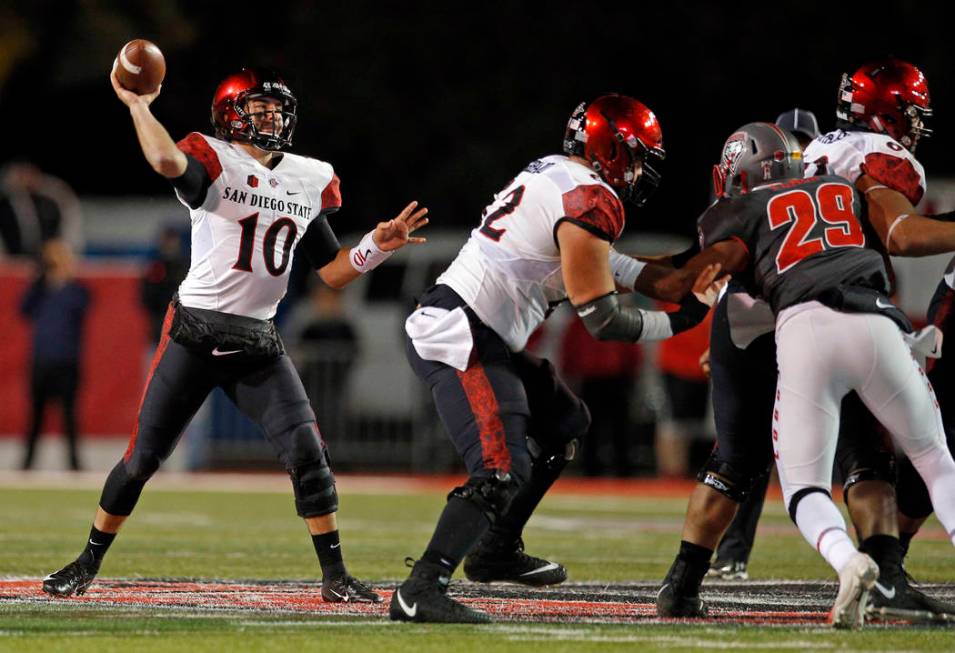 San Diego State quarterback Christian Chapman (10) throws during the second half of an NCAA col ...