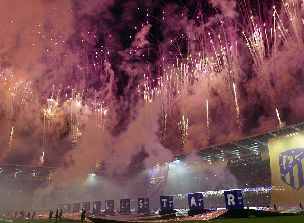 Fireworks fill the air during opening ceremonies before the MLS All-Star soccer match Wednesday ...