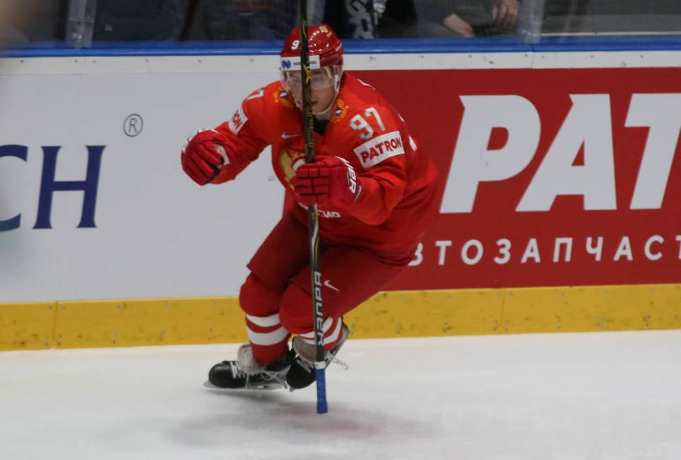 Russia's Nikita Gusev celebrates after scoring his side's first goal during the Ice Hockey Worl ...