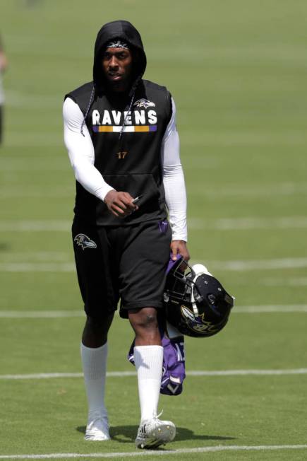 Baltimore Ravens wide receiver Jordan Lasley walks at the end of a work out during NFL football ...