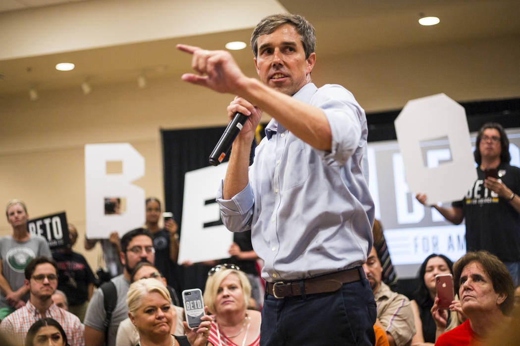 Democratic presidential candidate and former Texas congressman Beto O'Rourke addresses attendee ...