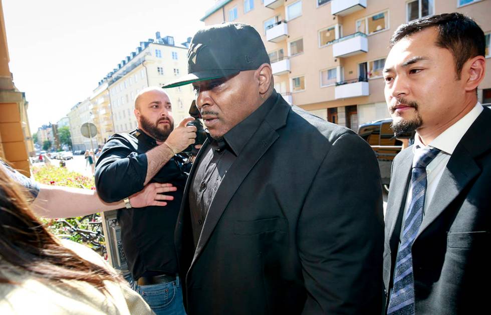 One of A$AP Rocky's bodyguards arrives at the district court in Stockholm, Friday Aug. 2, 2019, ...