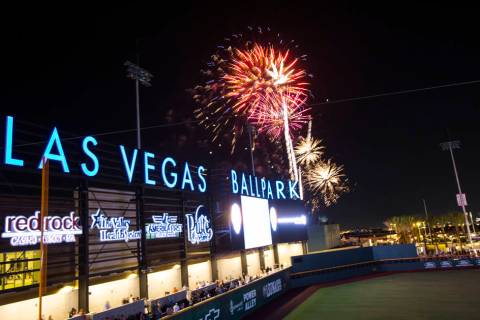 Fireworks go off above the Las Vegas Ballpark after the Las Vegas Aviators defeated the Reno Ac ...