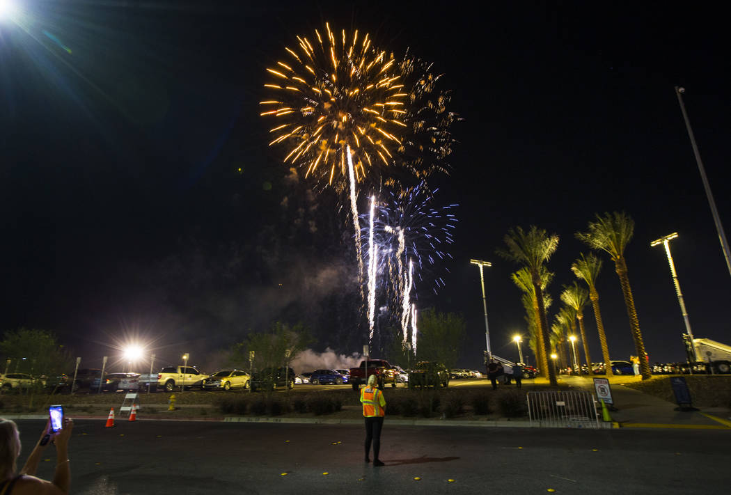 Fireworks go off above Las Vegas Ballpark after the Las Vegas Aviators defeated the Reno Aces 3 ...