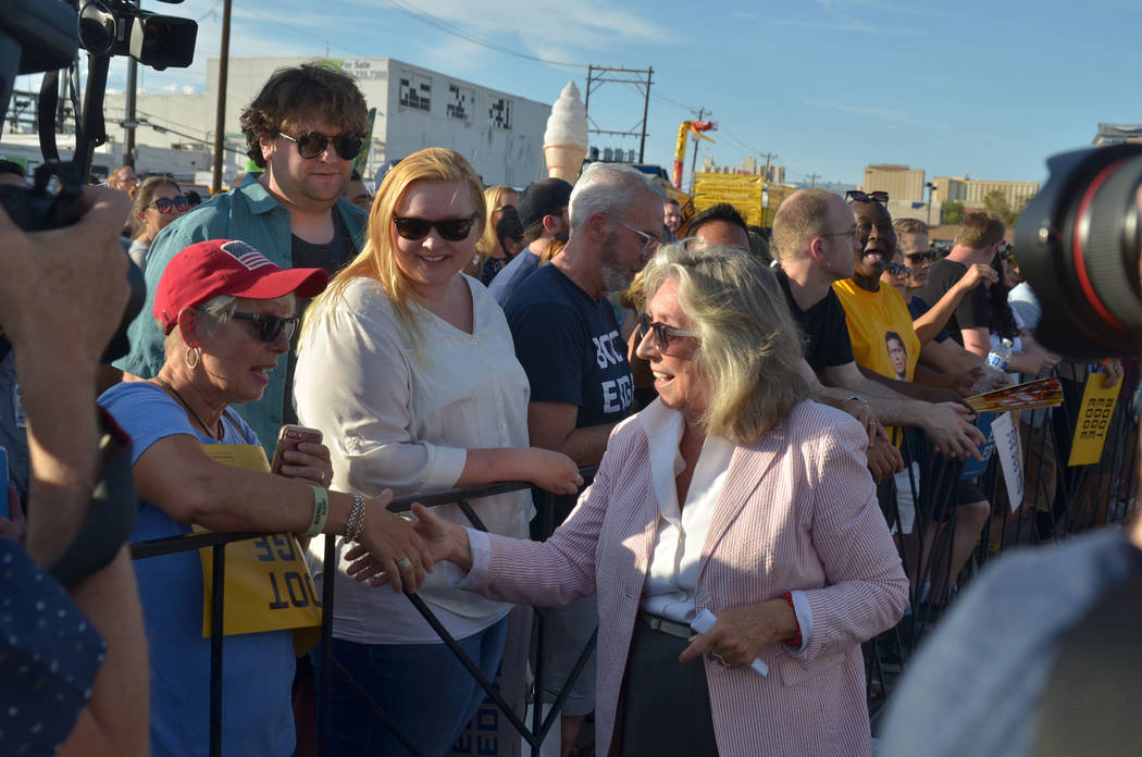 Rep. Dina Titus, D-Nev., greets people during a campaign rally for Democratic presidential cand ...
