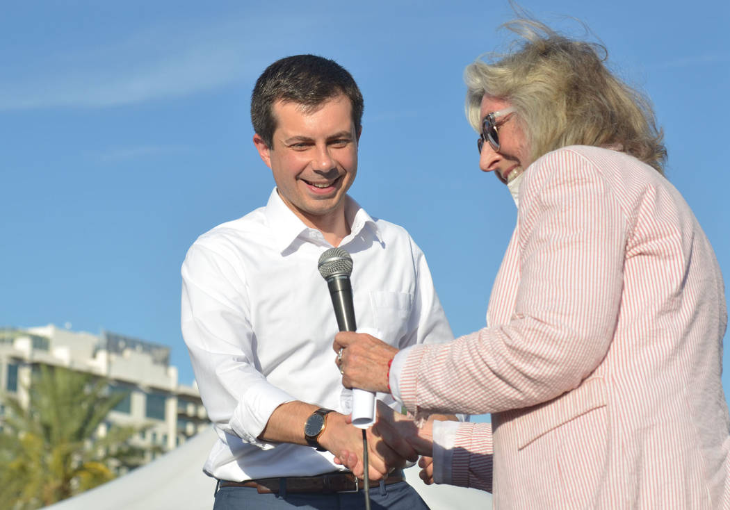 Democratic presidential candidate and South Bend, Ind., Mayor Pete Buttigieg greets Rep. Dina T ...