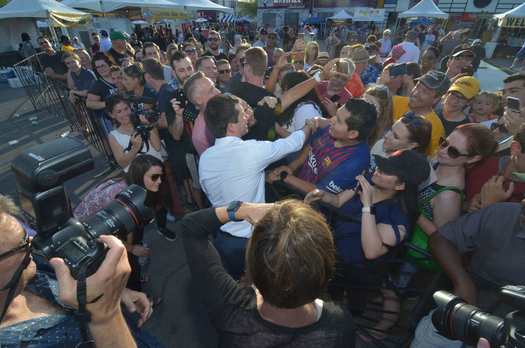 Democratic presidential candidate and South Bend, Ind., Mayor Pete Buttigieg greet people durin ...