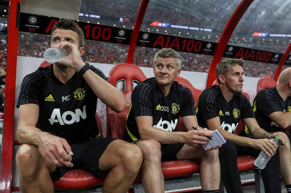 Manchester United's manager Ole Gunnar Solksjaer, centre looks on prior to the start of the Int ...