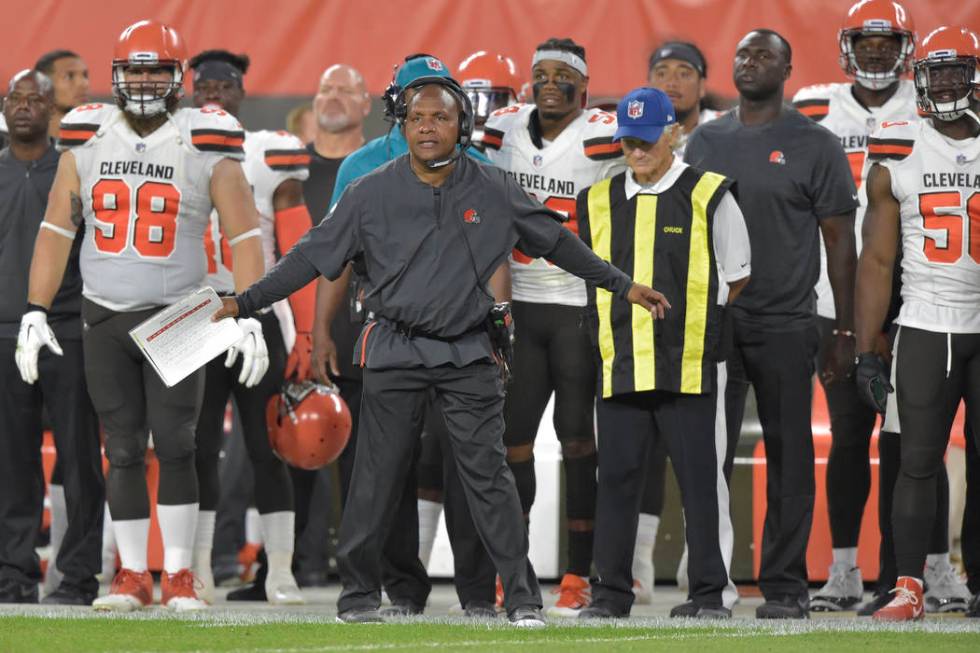 Cleveland Browns head coach Hue Jackson reacts in the first half of an NFL football preseason g ...