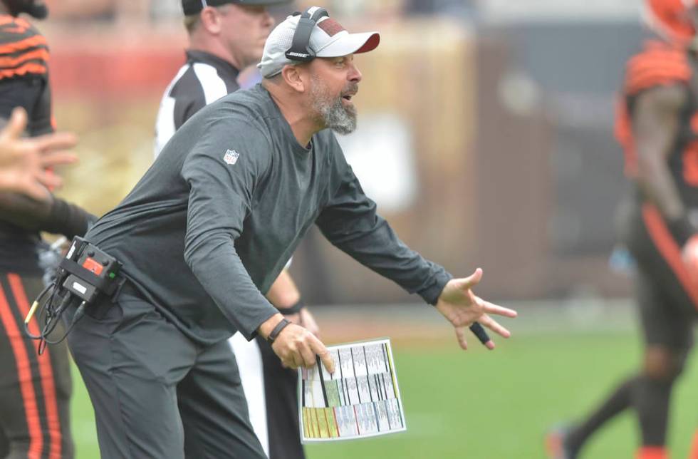 Cleveland Browns offensive coordinator Todd Haley reacts on the field during an NFL football ga ...