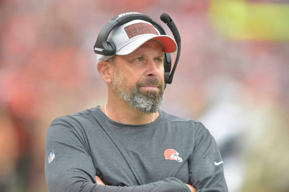 Cleveland Browns offensive coordinator Todd Haley stands on the field during an NFL football ga ...