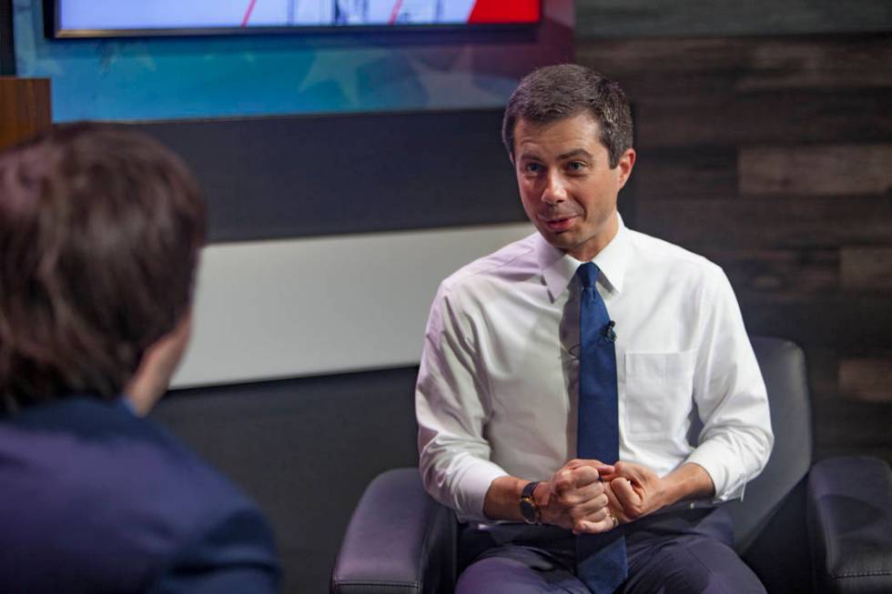 Democratic presidential candidate Pete Buttigieg speaks with the Review-Journal's political rep ...