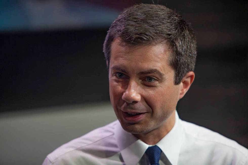 Democratic presidential candidate Pete Buttigieg speaks with the Review-Journal's political rep ...