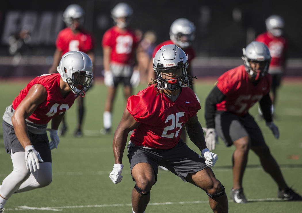 UNLV defensive end/linebacker Gabe McCoy (25) works through drills during the first day of trai ...