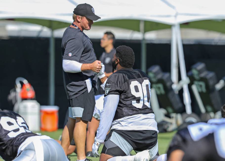 Oakland Raiders head coach Jon Gruden shakes hands with defensive tackle Johnathan Hankins (90) ...