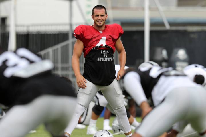 Oakland Raiders quarterback Derek Carr (4) stretches during the NFL team's training camp in Nap ...