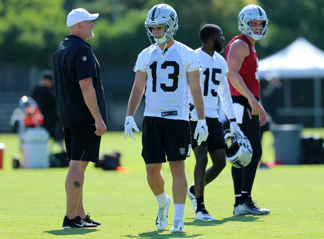 Oakland Raiders wide receiver Hunter Renfrow (13) walks on the field during the NFL team's trai ...