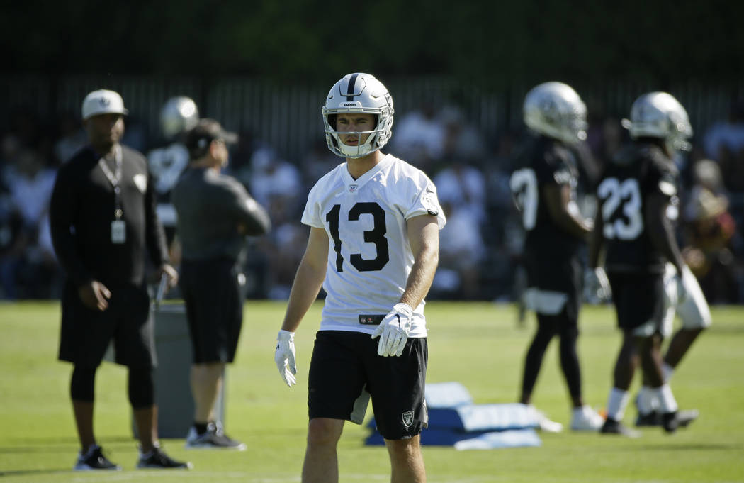 Oakland Raiders wide receiver Hunter Renfrow during NFL football training camp Saturday, July 2 ...