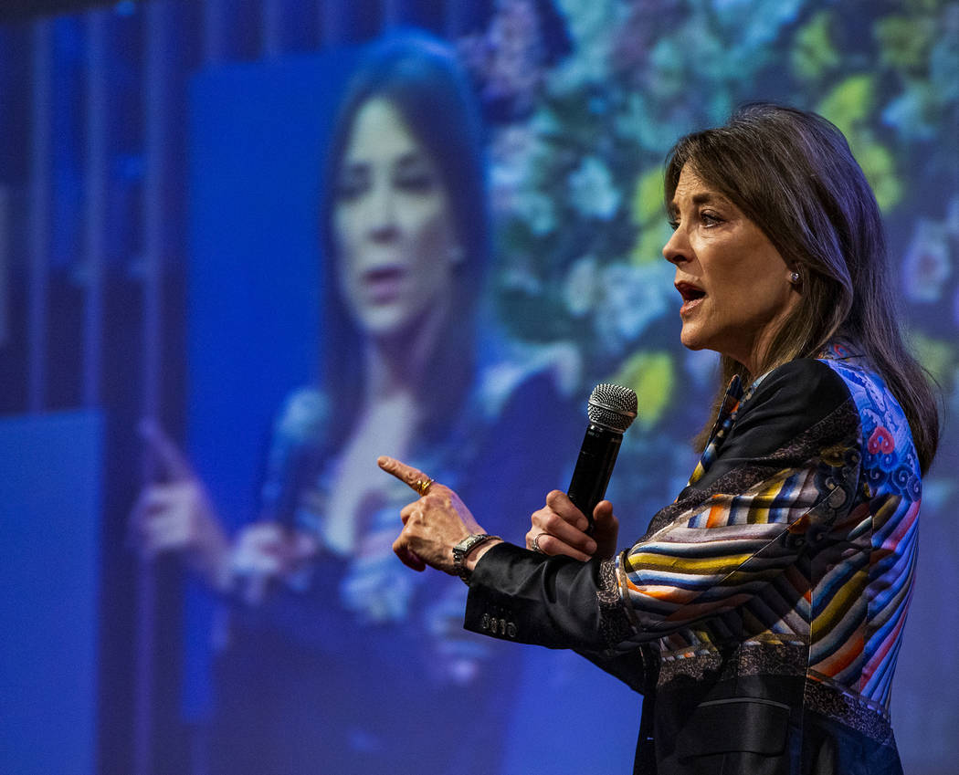 Democratic presidential candidate Marianne Williamson speaks to the congregation during a campa ...