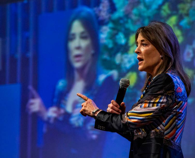 Democratic presidential candidate Marianne Williamson speaks to the congregation during a campa ...