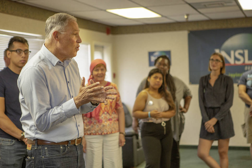 Democratic presidential candidate Washington Gov. Jay Inslee, gives a speech during his Las Veg ...