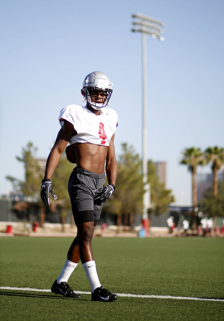 UNLV Rebels wide receiver Randal Grimes (4) completes drills during practice at Rebel Park, at ...