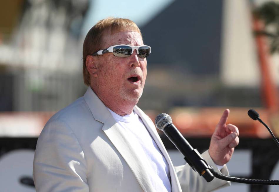 Raiders Owner Mark Davis speaks during the Las Vegas Stadium Topping Out Ceremony in Las Vegas, ...