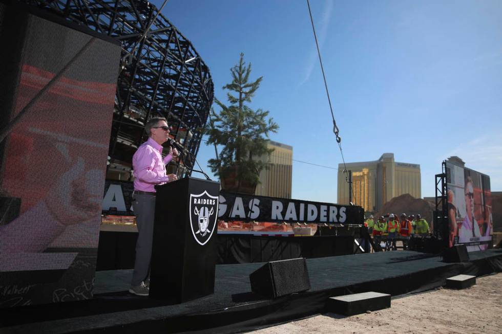 Allegiant Chairman and CEO Maury Gallagher speaks during the Las Vegas Stadium Topping Out Cere ...