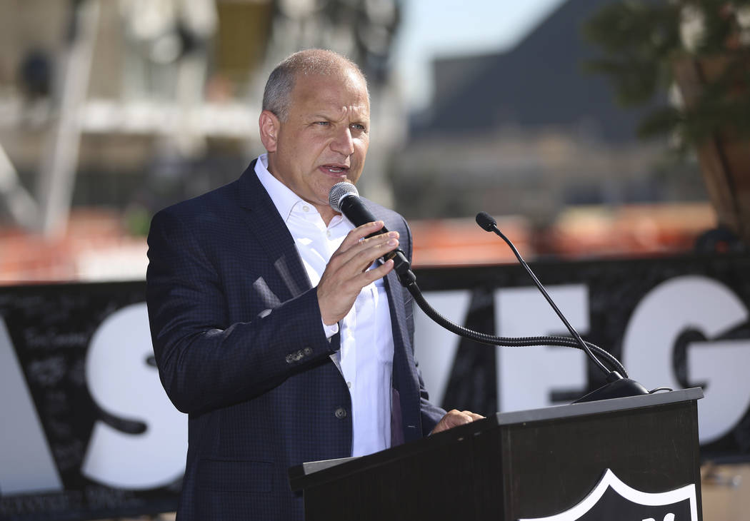 Raiders President Marc Badain speaks during the Las Vegas Stadium Topping Out Ceremony in Las V ...