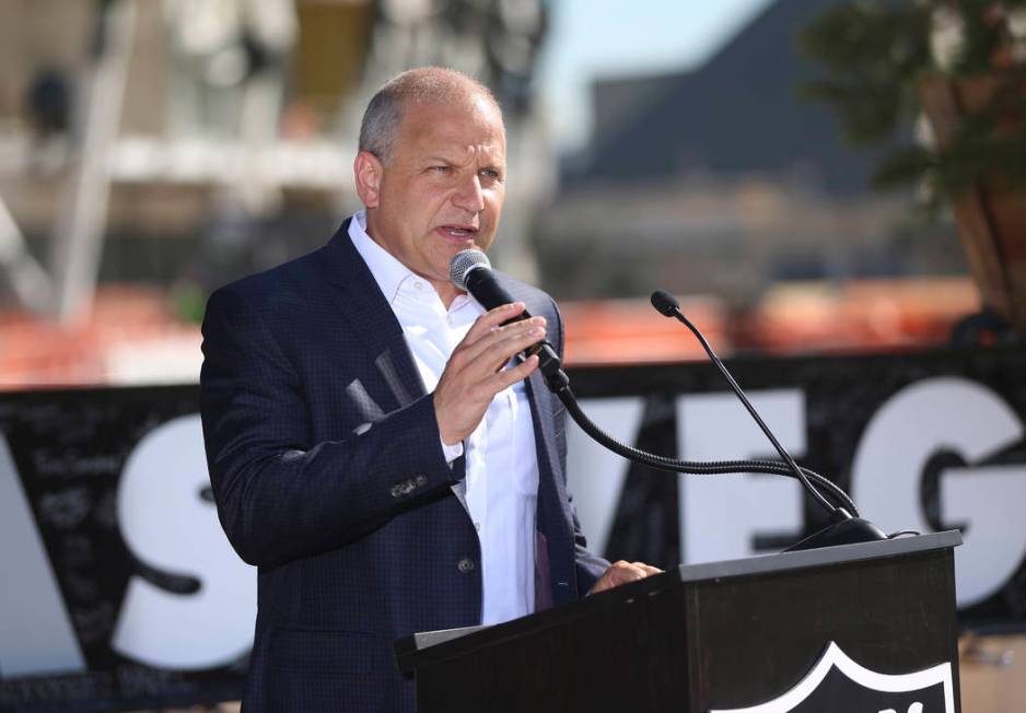Raiders President Marc Badain speaks during the Las Vegas Stadium Topping Out Ceremony in Las V ...